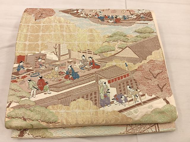 平和屋着物◎六通柄袋帯　人物風景文　金糸　正絹　逸品　BAAX4378mz