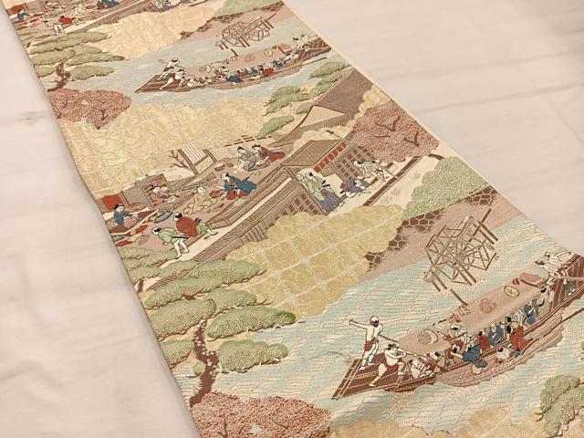 平和屋着物◎六通柄袋帯　人物風景文　金糸　正絹　逸品　BAAX4378mz