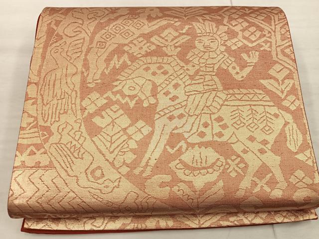 平和屋着物◎六通柄袋帯　壁画文様　金糸　正絹　逸品　BAAX4385mz