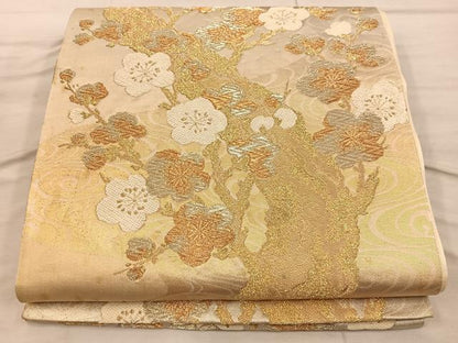 平和屋着物◎六通柄袋帯　枝梅文　金糸　正絹　逸品　BAAX4389mz