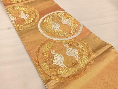 平和屋着物◎六通柄袋帯 唐織 向かい鶴丸文 金糸 正絹 逸品 BAAX4390mz