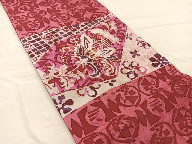 平和屋着物◎六通柄袋帯　ろうけつ染め　更紗花文　正絹　逸品　BAAX4410mz