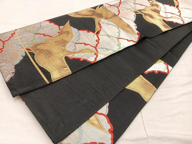 平和屋着物◎六通柄袋帯 飛鶴文 黒地 金糸 正絹 逸品 BAAX4423mz