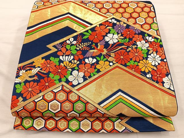 平和屋着物◎六通柄袋帯 唐織 鳳凰亀甲花文 金糸 正絹 逸品 BAAX4426mz