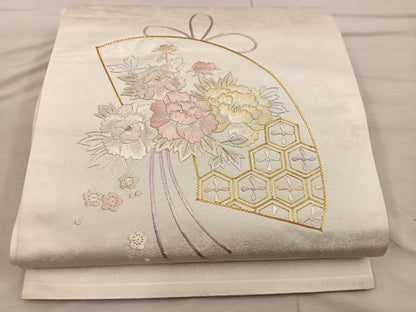 平和屋着物◎太鼓柄袋帯　総刺繍　駒刺繍　地紙亀甲花文　正絹　逸品　BAAX4431mz