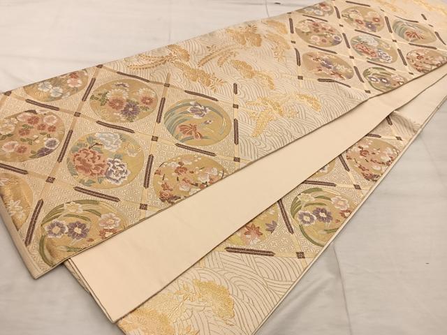 平和屋着物◎六通柄袋帯 草花丸文 金糸 正絹 逸品 BAAX4436mz