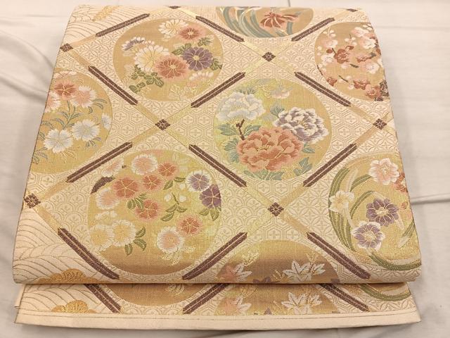 平和屋着物◎六通柄袋帯 草花丸文 金糸 正絹 逸品 BAAX4436mz