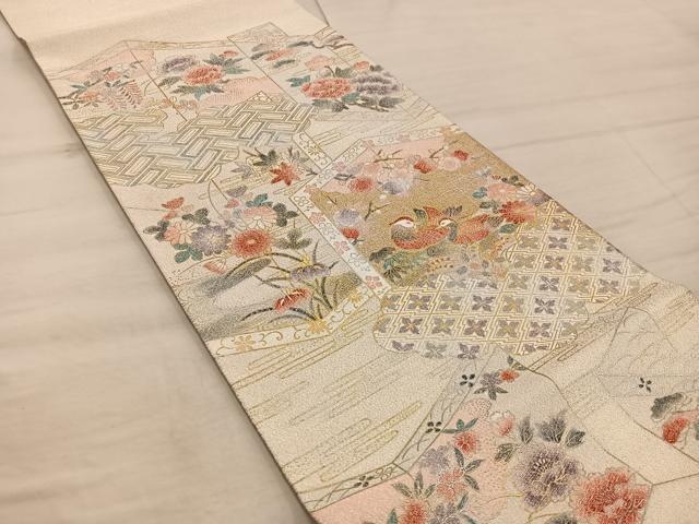 平和屋着物◎太鼓柄袋帯 綴れ 亀甲花鳥文 金銀彩 正絹 逸品 BAAX4438mz