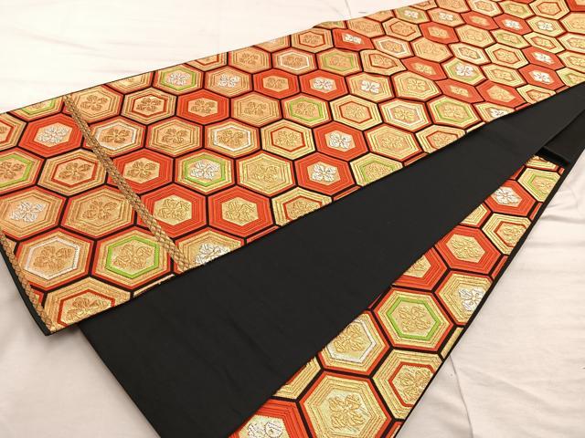 平和屋着物◎六通柄袋帯 唐織 亀甲花文 黒地 金糸 正絹 逸品 BAAX4444mz