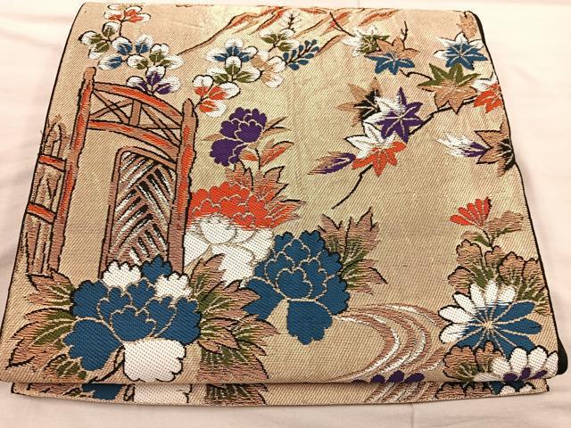 平和屋着物◎六通柄 本袋帯 流水菊花文 金糸 正絹 逸品 BAAX4448mz