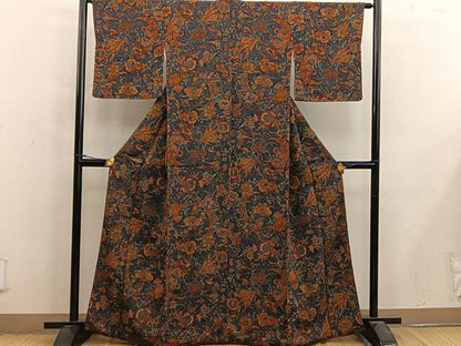 平和屋着物■上質な小紋 孔雀更紗花文 鬼しぼ縮緬 正絹 逸品 BAAX4479mz