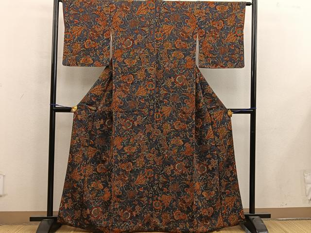 平和屋着物■上質な小紋 孔雀更紗花文 鬼しぼ縮緬 正絹 逸品 BAAX4479mz