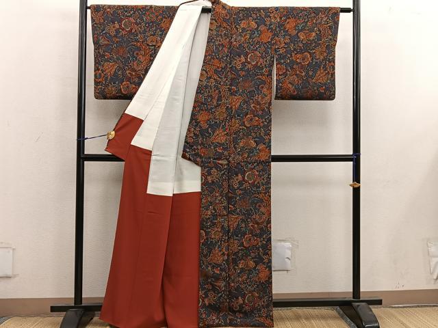 平和屋着物■上質な小紋 孔雀更紗花文 鬼しぼ縮緬 正絹 逸品 BAAX4479mz