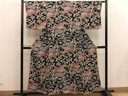 平和屋着物■上質な小紋 風景花文 黒地 鬼しぼ縮緬 正絹 逸品 BAAX4500mz
