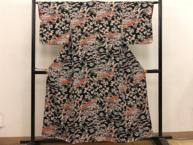 平和屋着物■上質な小紋 風景花文 黒地 鬼しぼ縮緬 正絹 逸品 BAAX4500mz