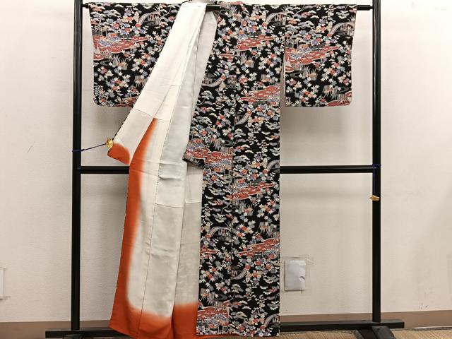 平和屋着物■上質な小紋 風景花文 黒地 鬼しぼ縮緬 正絹 逸品 BAAX4500mz