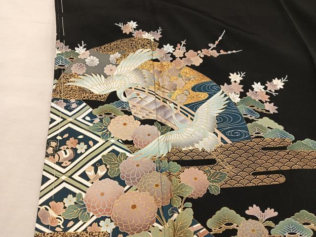 平和屋着物■豪華黒留袖 飛鶴花文 金彩 正絹 逸品 BAAX4520mz
