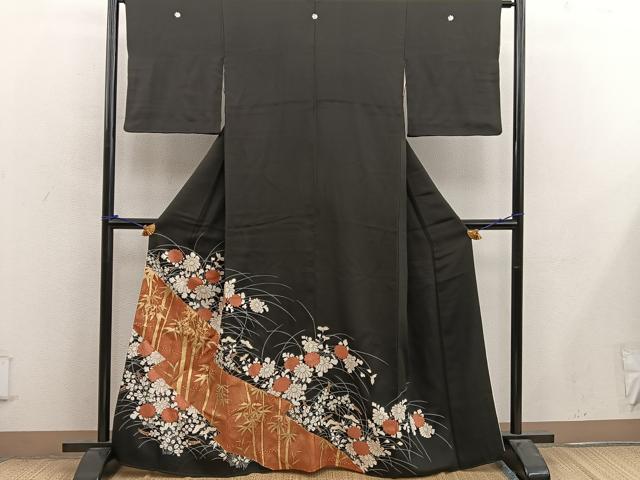 平和屋着物■豪華黒留袖 駒刺繍 笹竹花文 金彩 正絹 逸品 BAAX4522mz