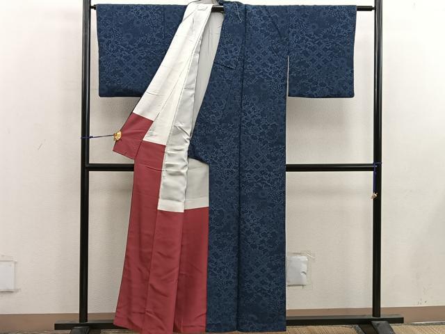 平和屋着物■上質な小紋 藍 型染め 菊花文 正絹 逸品 BAAX4536mz
