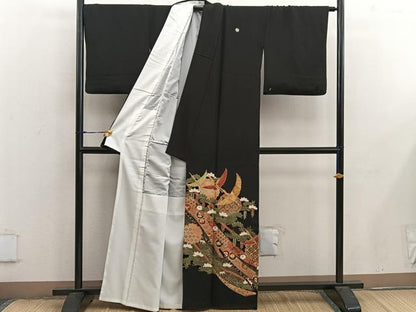 平和屋着物■豪華黒留袖 駒刺繍 飛鶴花文 金彩 正絹 逸品 BAAX4537mz