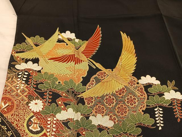 平和屋着物■豪華黒留袖 駒刺繍 飛鶴花文 金彩 正絹 逸品 BAAX4537mz