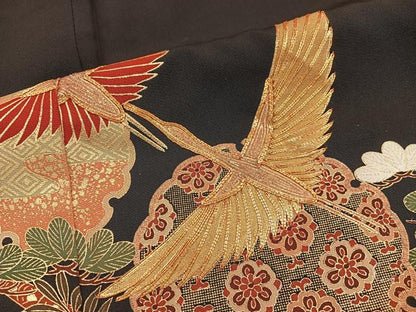平和屋着物■豪華黒留袖 駒刺繍 飛鶴花文 金彩 正絹 逸品 BAAX4537mz