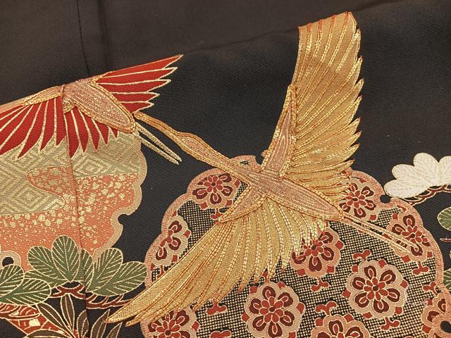 平和屋着物■豪華黒留袖 駒刺繍 飛鶴花文 金彩 正絹 逸品 BAAX4537mz