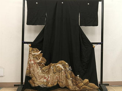平和屋着物■豪華黒留袖　駒刺繍　飛鶴花文　金彩　正絹　逸品　BAAX4563mz