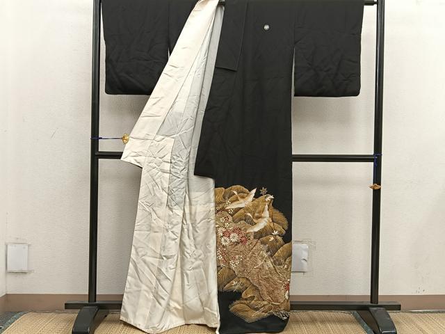 平和屋着物■豪華黒留袖　駒刺繍　飛鶴花文　金彩　正絹　逸品　BAAX4563mz