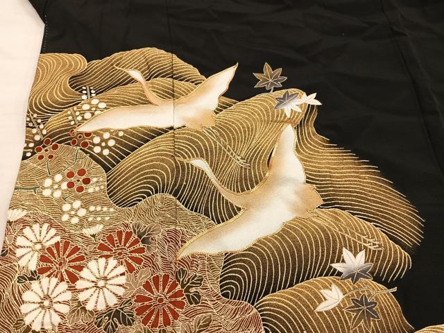 平和屋着物■豪華黒留袖　駒刺繍　飛鶴花文　金彩　正絹　逸品　BAAX4563mz