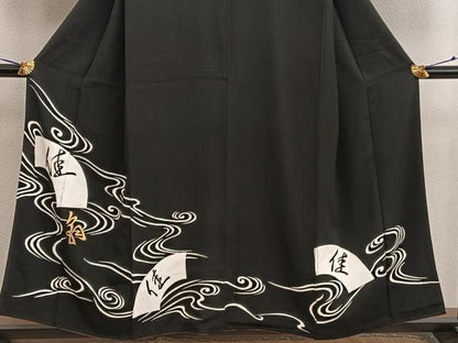 平和屋着物■訪問着　流水地紙文　黒地　金彩　正絹　逸品　BAAX4579mz