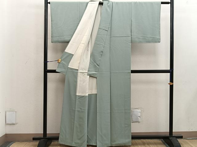 平和屋着物■上質な色無地　幾何学地紋　裏葉柳色　正絹　逸品　BAAX4589mz