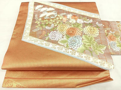 平和屋着物◎九寸名古屋帯　刺繍　檜垣花文　金銀糸　正絹　逸品　BAAX4607qw