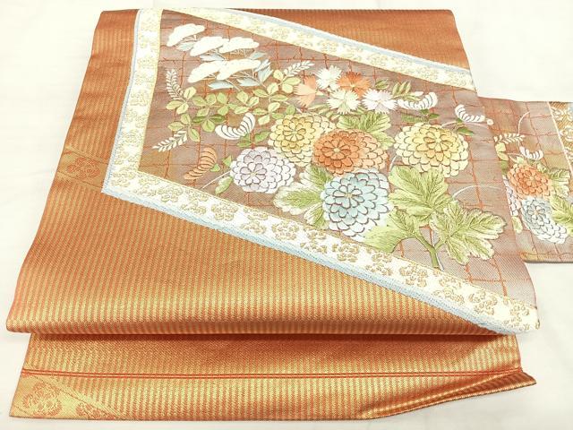 平和屋着物◎九寸名古屋帯　刺繍　檜垣花文　金銀糸　正絹　逸品　BAAX4607qw