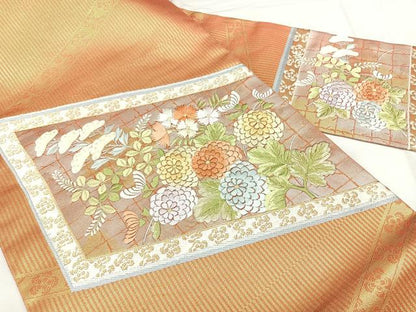 平和屋着物◎九寸名古屋帯　刺繍　檜垣花文　金銀糸　正絹　逸品　BAAX4607qw