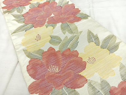 平和屋着物◎八寸名古屋帯　紬地　草花文　正絹　逸品　BAAX4609qw