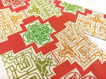 平和屋着物◎九寸名古屋帯　型染め　幾何学文　鬼しぼ縮緬　正絹　逸品　BAAX4612qw