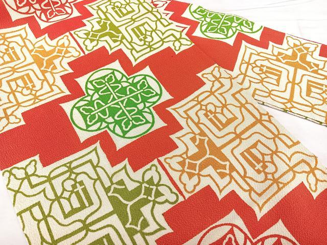 平和屋着物◎九寸名古屋帯　型染め　幾何学文　鬼しぼ縮緬　正絹　逸品　BAAX4612qw