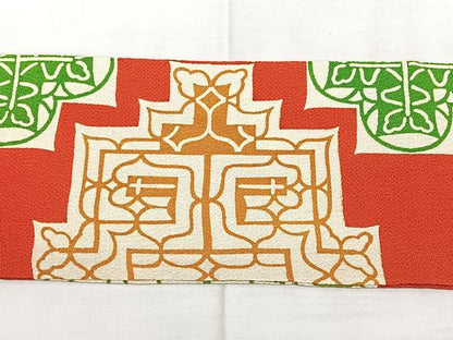 平和屋着物◎九寸名古屋帯　型染め　幾何学文　鬼しぼ縮緬　正絹　逸品　BAAX4612qw