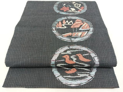 平和屋着物◎八寸名古屋帯　風景花鳥文　正絹　逸品　BAAX4631qw