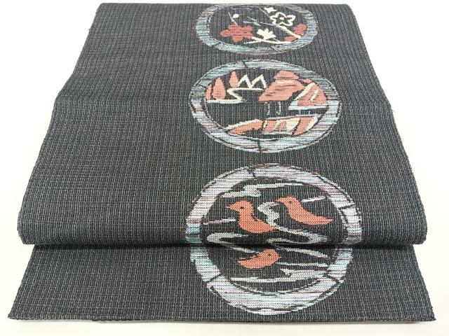 平和屋着物◎八寸名古屋帯　風景花鳥文　正絹　逸品　BAAX4631qw