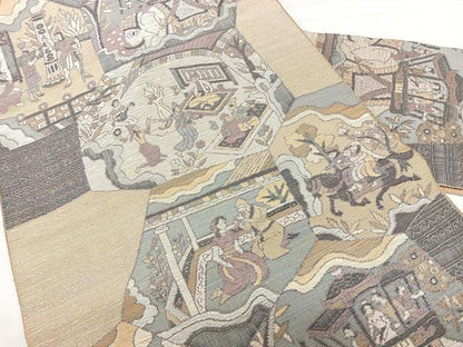 平和屋着物◎八寸名古屋帯　人物文　銀糸　正絹　逸品　BAAX4635qw