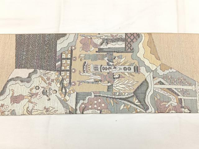 平和屋着物◎八寸名古屋帯　人物文　銀糸　正絹　逸品　BAAX4635qw