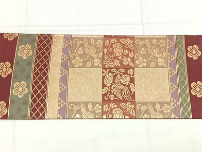 平和屋着物◎九寸名古屋帯　横段花鳥文　金糸　正絹　逸品　BAAX4636qw