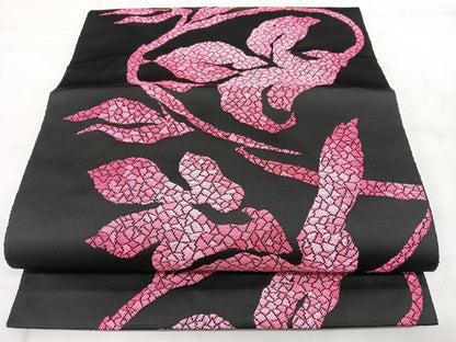 平和屋着物◎八寸名古屋帯 唐織 枝花文 黒地 正絹 逸品 BAAX4638qw