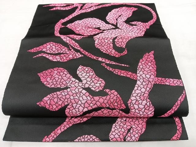平和屋着物◎八寸名古屋帯 唐織 枝花文 黒地 正絹 逸品 BAAX4638qw