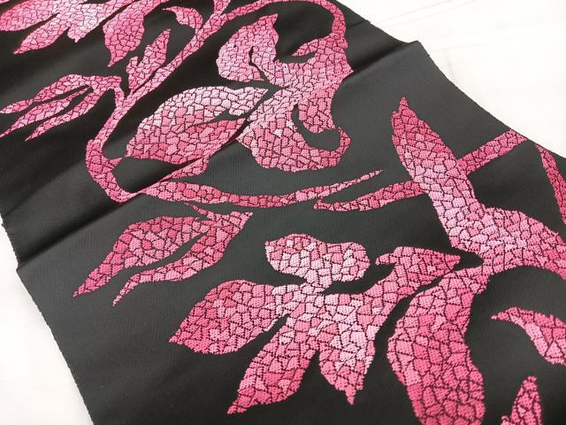平和屋着物◎八寸名古屋帯 唐織 枝花文 黒地 正絹 逸品 BAAX4638qw