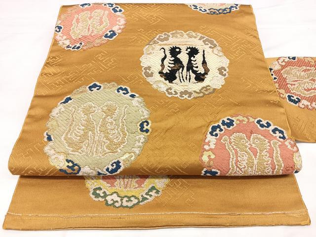 平和屋着物◎アンティーク　大正ロマン　九寸名古屋帯　動物丸文　金糸　正絹　逸品　BAAX4640qw