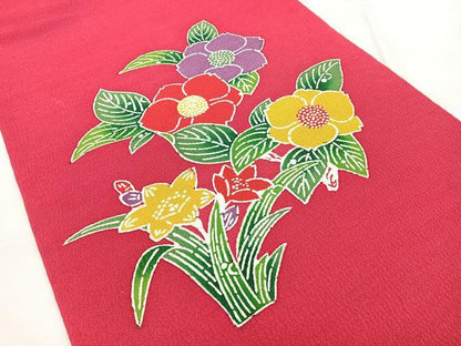 平和屋着物◎つけ帯 型染め 草花文 鬼しぼ縮緬 正絹 逸品 BAAX4647qw