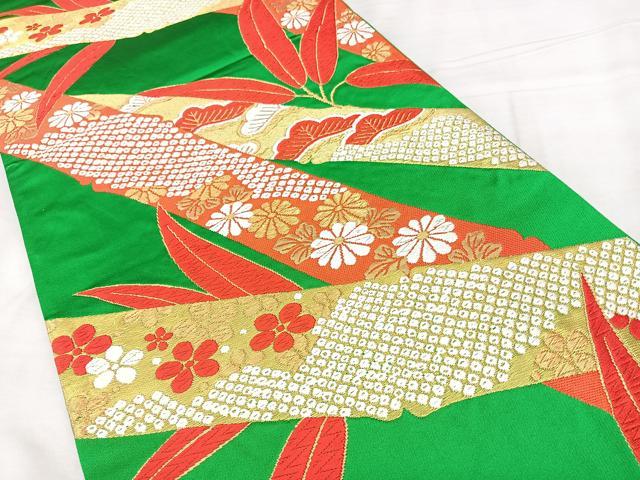 平和屋着物◎六通柄袋帯　唐織　笹竹文　金糸　正絹　逸品　BAAX4652qw